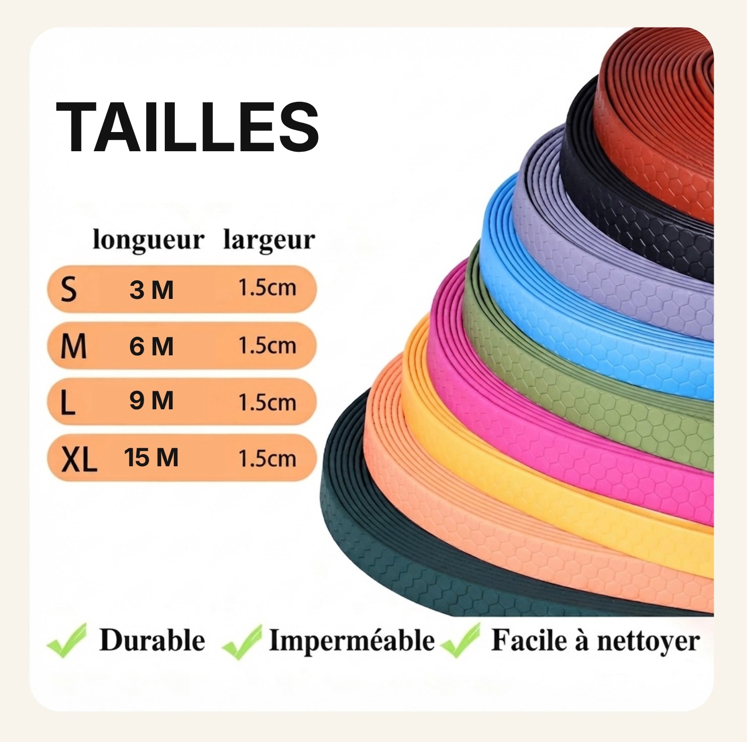 Guide des tailles pour longe d'entraînement en PVC Dog Rider montrant les différentes longueurs et largeurs disponibles