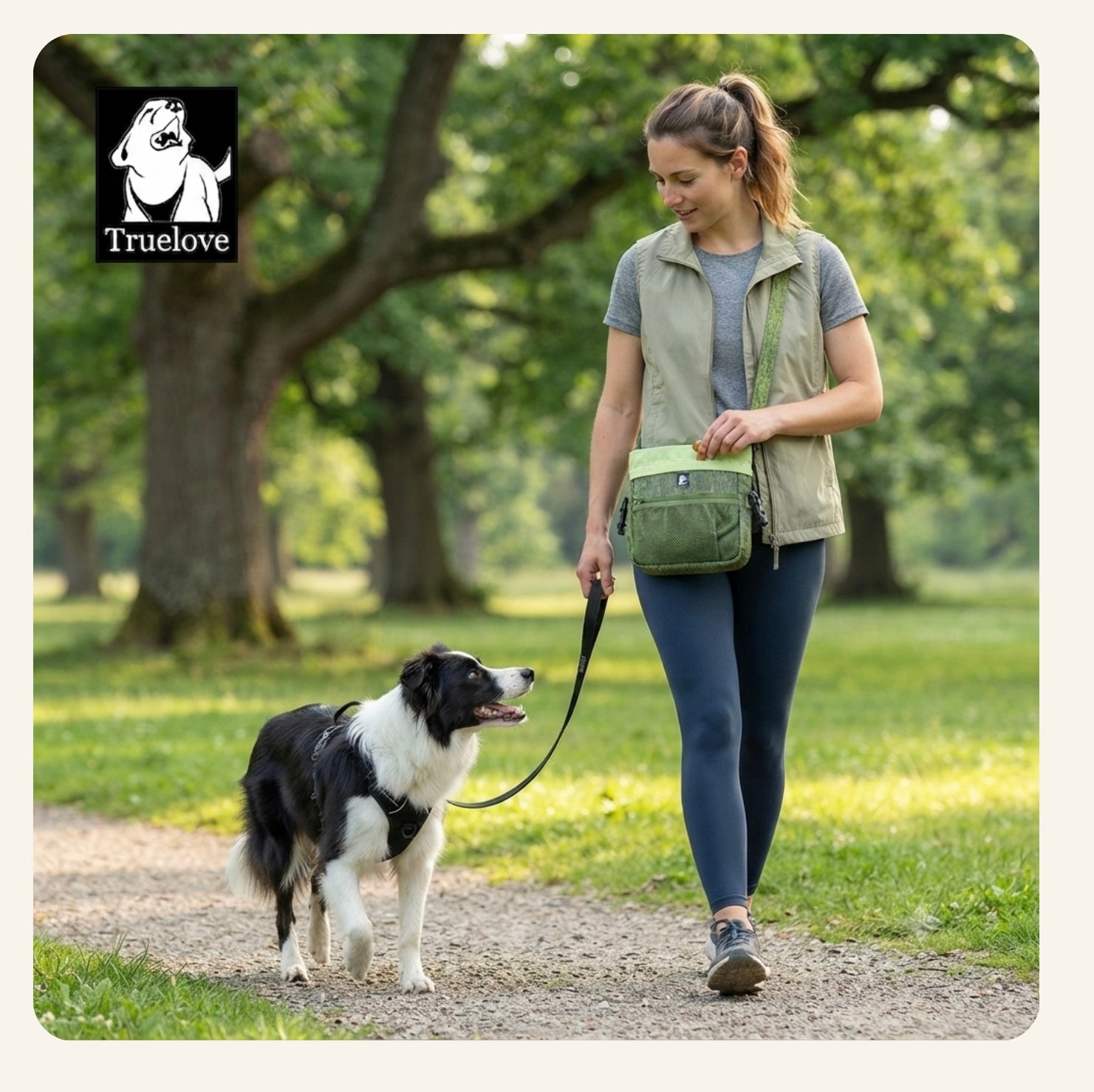 Femme promenant son chien en laisse avec la sacoche de training Dog Rider