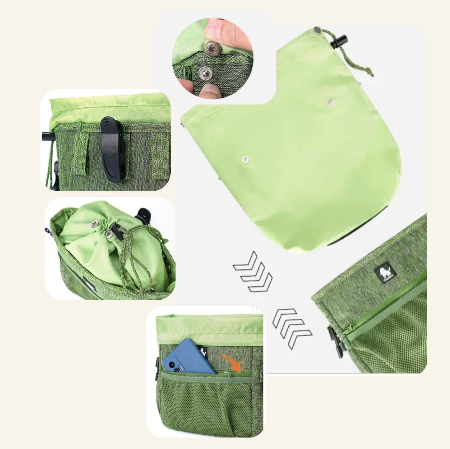  Sacoche de training pour chien Dog Rider vue sous plusieurs angles, avec compartiments