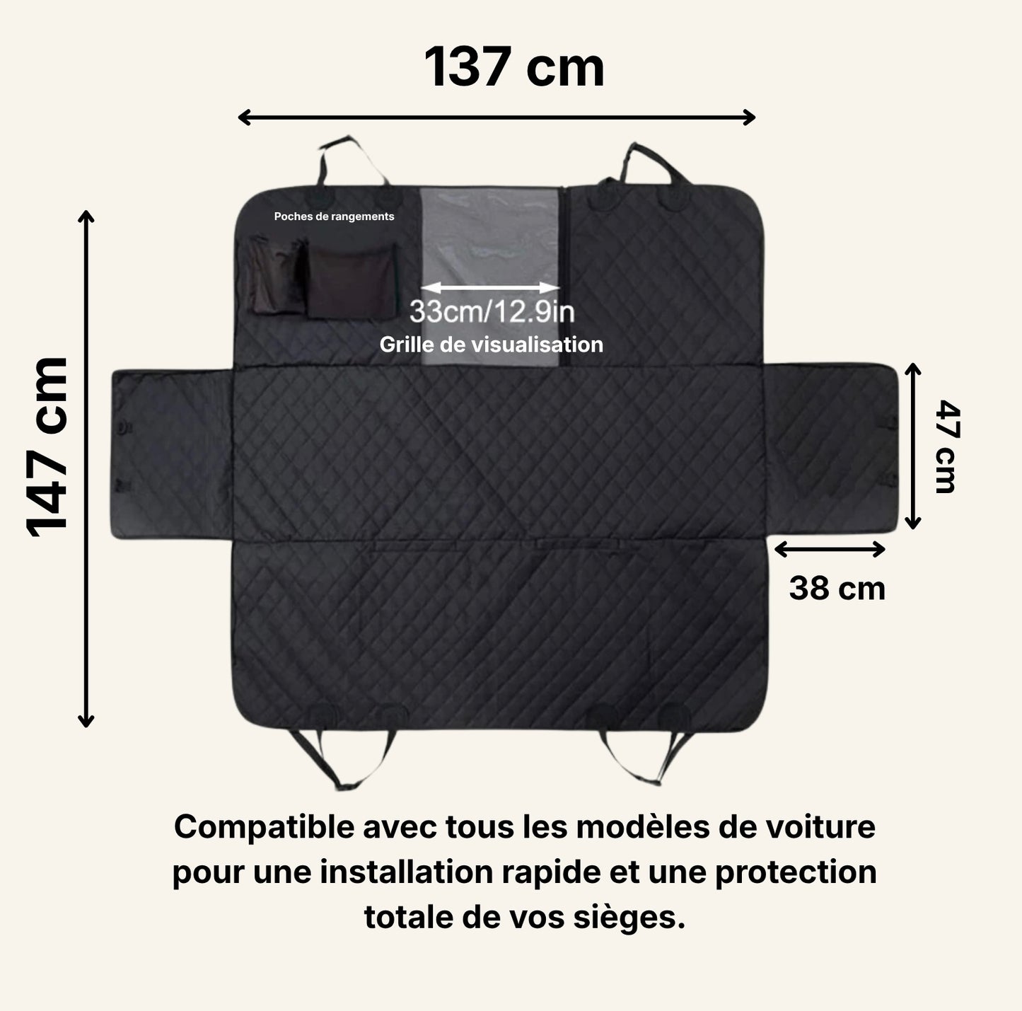 Schéma technique des dimensions du hamac de protection auto Dog Rider avec grille de visualisation.