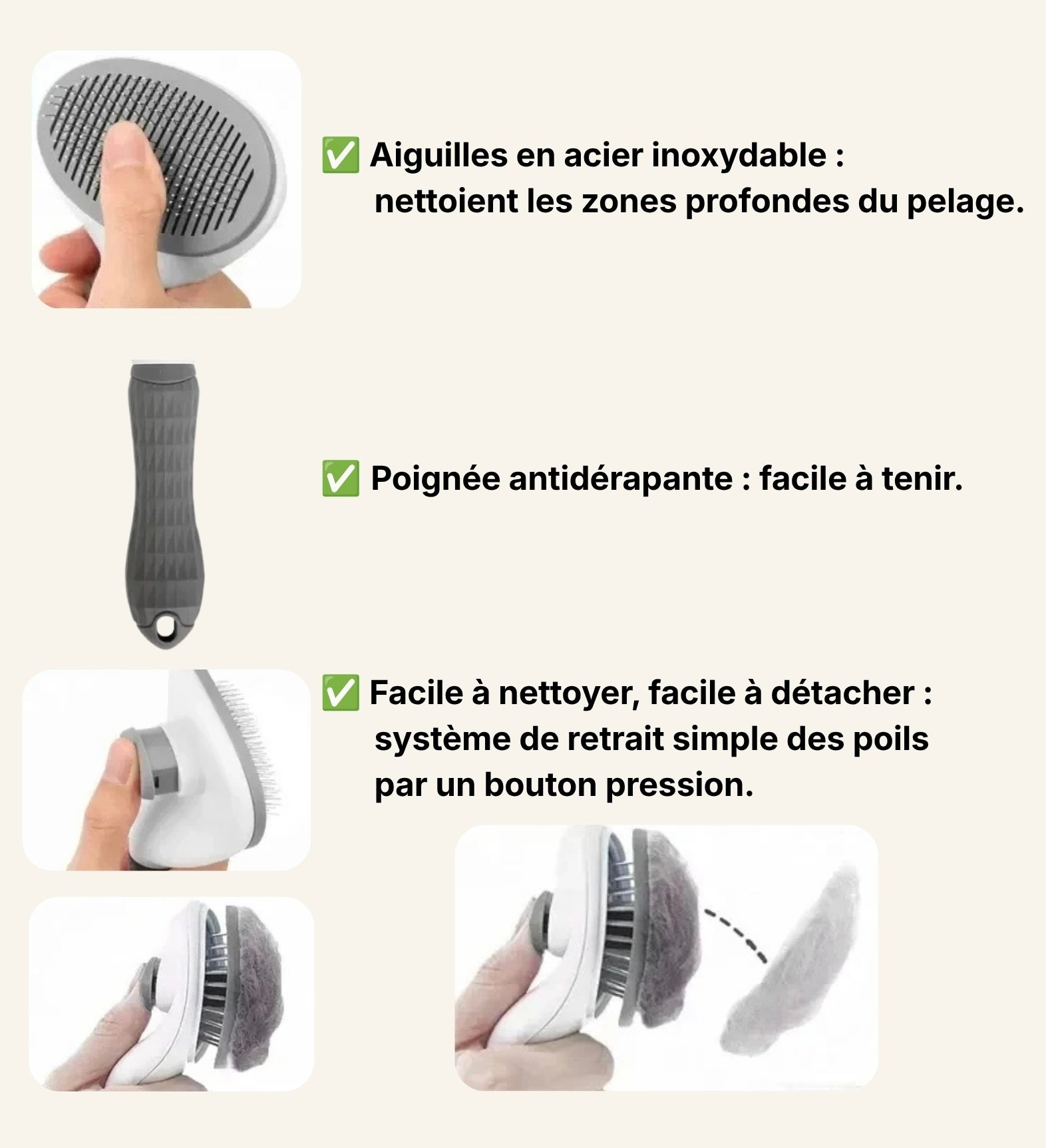 Schéma explicatif du mécanisme d'éjection rapide de la brosse Dog Rider.