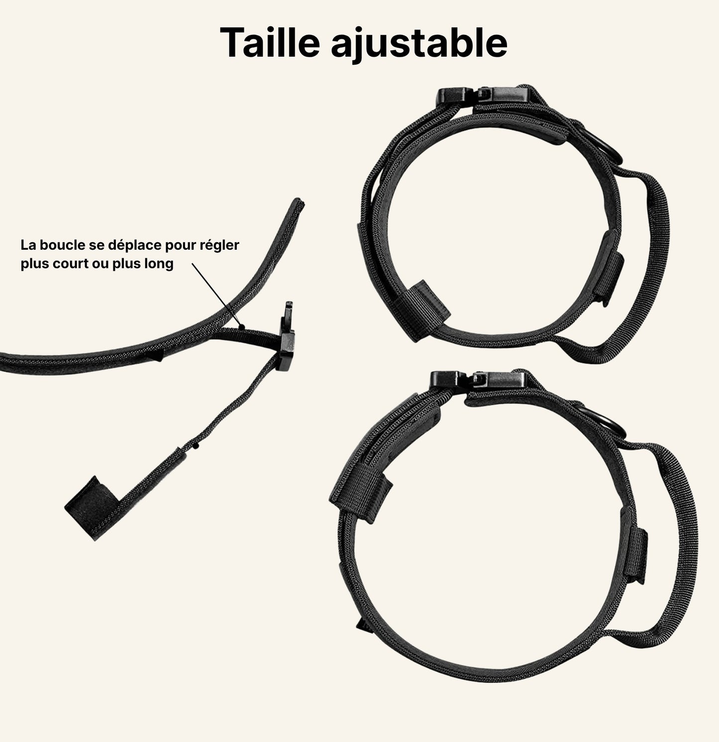 Schéma des dimensions et réglages du collier tactique Dog Rider.